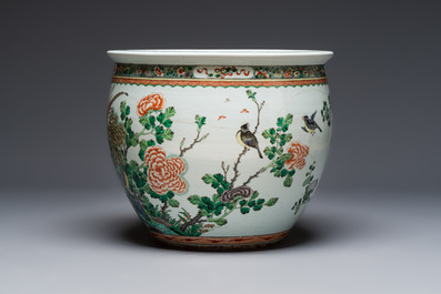 A Chinese famille verte 'Birds among Flowering Branches' fish bowl or jardini&egrave;re, 19th C.