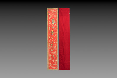 A pair of Chinese red-ground embroidered silk 'Eight Immortals' panels, 19th C.