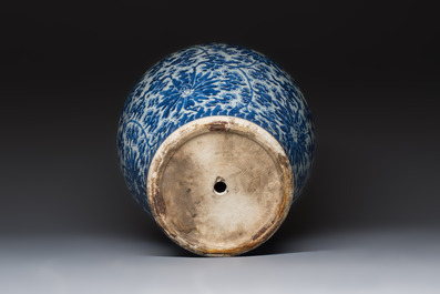 A large Chinese blue and white 'Lotus Scroll' baluster vase with later gilt-bronze lamp mounts, Kangxi