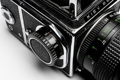 A Kiev 88 with Zodiak-B 30mm F3.5 fisheye lens, waist-level viewfinder and film back