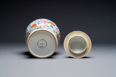 A large Chinese famille rose 'Millefleurs' baluster vase and cover, Yongzheng mark, Republic