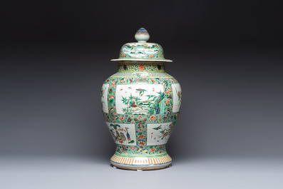 A large Chinese famille verte baluster vase and cover with animals, flowers and antiquities, Chenghua mark, 19th C.