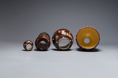 A very large Art Nouveau Flemish pottery four-piece jardini&egrave;re and stand, inscribed 'VREDE' and 'WELKOM', early 20th C.