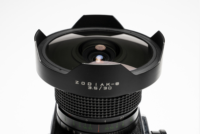 A Kiev 88 with Zodiak-B 30mm F3.5 fisheye lens, waist-level viewfinder and film back