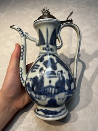 A silver-mounted Chinese blue and white 'Zhou Dunyi 周敦頤' ewer, Ming