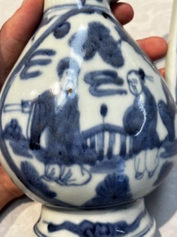 A silver-mounted Chinese blue and white 'Zhou Dunyi 周敦頤' ewer, Ming