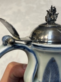 A silver-mounted Chinese blue and white 'Zhou Dunyi 周敦頤' ewer, Ming