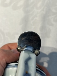 A silver-mounted Chinese blue and white 'Zhou Dunyi 周敦頤' ewer, Ming