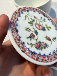 Five Chinese famille rose wares with floral design, Qianlong and Hongxian marks, Republic