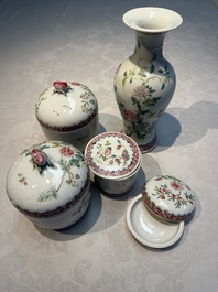 Five Chinese famille rose wares with floral design, Qianlong and Hongxian marks, Republic