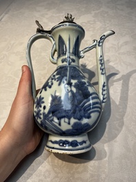 A silver-mounted Chinese blue and white 'Zhou Dunyi 周敦頤' ewer, Ming