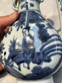 A silver-mounted Chinese blue and white 'Zhou Dunyi 周敦頤' ewer, Ming