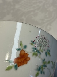 Five Chinese famille rose wares with floral design, Qianlong and Hongxian marks, Republic