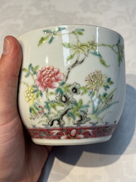 Five Chinese famille rose wares with floral design, Qianlong and Hongxian marks, Republic
