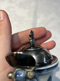 A silver-mounted Chinese blue and white 'Zhou Dunyi 周敦頤' ewer, Ming
