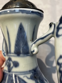A silver-mounted Chinese blue and white 'Zhou Dunyi 周敦頤' ewer, Ming