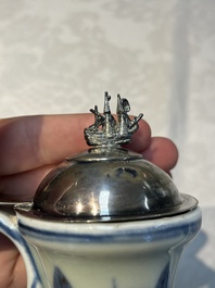 A silver-mounted Chinese blue and white 'Zhou Dunyi 周敦頤' ewer, Ming