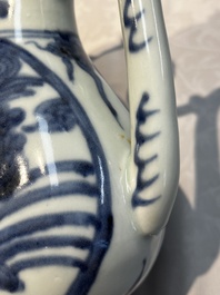 A silver-mounted Chinese blue and white 'Zhou Dunyi 周敦頤' ewer, Ming