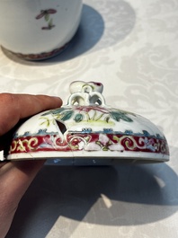 Five Chinese famille rose wares with floral design, Qianlong and Hongxian marks, Republic