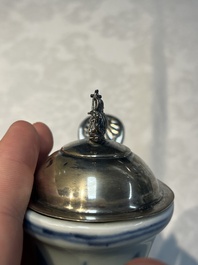 A silver-mounted Chinese blue and white 'Zhou Dunyi 周敦頤' ewer, Ming