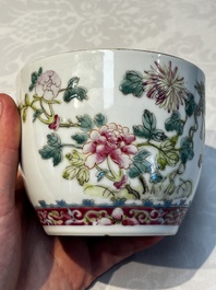 Five Chinese famille rose wares with floral design, Qianlong and Hongxian marks, Republic