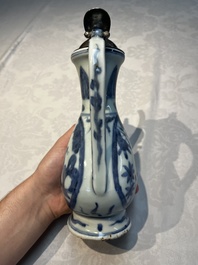 A silver-mounted Chinese blue and white 'Zhou Dunyi 周敦頤' ewer, Ming