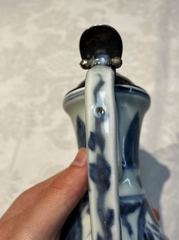A silver-mounted Chinese blue and white 'Zhou Dunyi 周敦頤' ewer, Ming