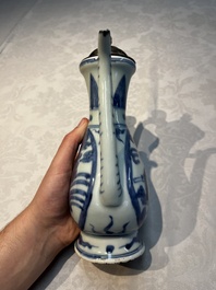 A silver-mounted Chinese blue and white 'Zhou Dunyi 周敦頤' ewer, Ming