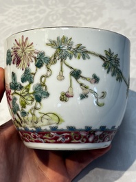 Five Chinese famille rose wares with floral design, Qianlong and Hongxian marks, Republic