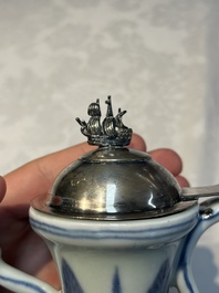 A silver-mounted Chinese blue and white 'Zhou Dunyi 周敦頤' ewer, Ming