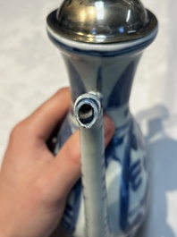 A silver-mounted Chinese blue and white 'Zhou Dunyi 周敦頤' ewer, Ming
