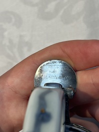 A silver-mounted Chinese blue and white 'Zhou Dunyi 周敦頤' ewer, Ming