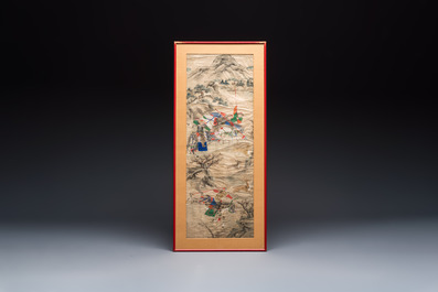 Chinese school: four 'Hunting Scene' paintings, ink and colour on paper, 19/20th C.