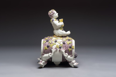 A massive polychrome Brussels faience 'Bacchus on a Barrel' fountain, 18th C.