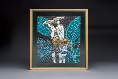 Ting Shao Kuang (b. 1939, attr. to): 'Beauty with Buffalo and Crane' and 'Two Beauties Carrying Bamboo Baskets', mixed techniques, 20th C.