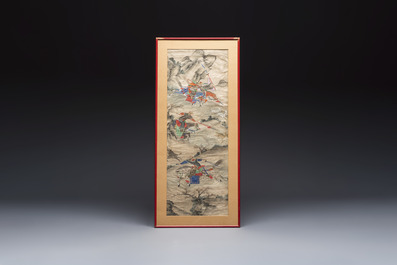 Chinese school: four 'Hunting Scene' paintings, ink and colour on paper, 19/20th C.