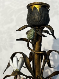 A pair of gilt silver and metal candlesticks with Chinese porcelain, European porcelain flowers, and marble bases, marked Boin-Taburet, late 19th C.