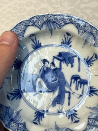 A Chinese blue and white 'Erotic Subject' saucer, Chenghua mark, Kangxi