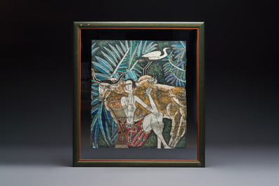Ting Shao Kuang (b. 1939, attr. to): 'Beauty with Buffalo and Crane' and 'Two Beauties Carrying Bamboo Baskets', mixed techniques, 20th C.