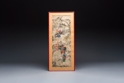 Chinese school: four 'Hunting Scene' paintings, ink and colour on paper, 19/20th C.