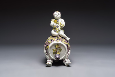 A massive polychrome Brussels faience 'Bacchus on a Barrel' fountain, 18th C.