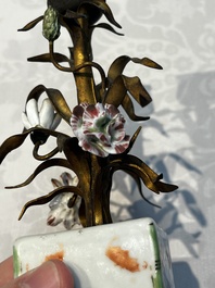A pair of gilt silver and metal candlesticks with Chinese porcelain, European porcelain flowers, and marble bases, marked Boin-Taburet, late 19th C.