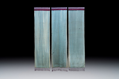 Three large Chinese purple-ground embroidered silk 'Dragons among Clouds' panels, 19th C.