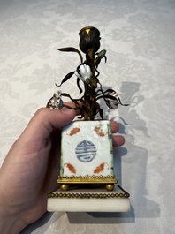 A pair of gilt silver and metal candlesticks with Chinese porcelain, European porcelain flowers, and marble bases, marked Boin-Taburet, late 19th C.
