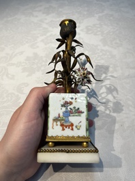 A pair of gilt silver and metal candlesticks with Chinese porcelain, European porcelain flowers, and marble bases, marked Boin-Taburet, late 19th C.
