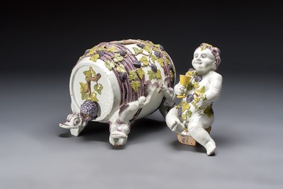 A massive polychrome Brussels faience 'Bacchus on a Barrel' fountain, 18th C.