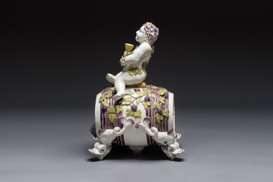 A massive polychrome Brussels faience 'Bacchus on a Barrel' fountain, 18th C.