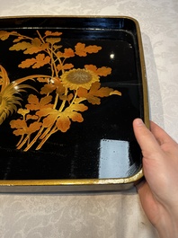 A large Japanese gilt-lacquered 'Rooster' tray, Meiji, ca. 1900