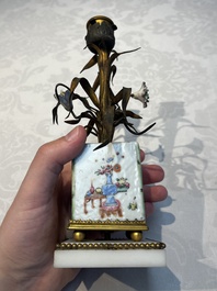 A pair of gilt silver and metal candlesticks with Chinese porcelain, European porcelain flowers, and marble bases, marked Boin-Taburet, late 19th C.