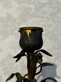 A pair of gilt silver and metal candlesticks with Chinese porcelain, European porcelain flowers, and marble bases, marked Boin-Taburet, late 19th C.